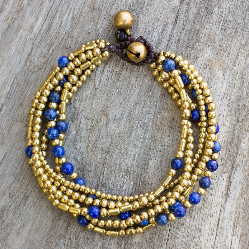 delicate gold bracelet -Blue Freedom Lapis Lazuli Brass Beaded Bracelet