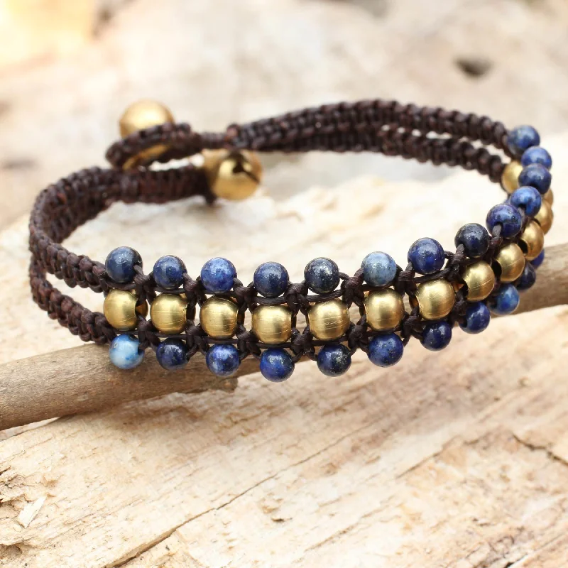 rose gold bracelet for women -Blue Joy Lapis Lazuli Brass Beaded Bracelet