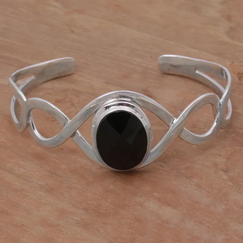 chunky bracelet for women -Double Helix Onyx & Silver Cuff Bracelet