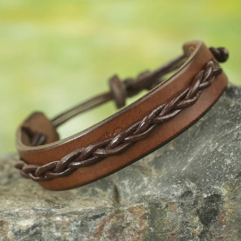 gemstone bracelet for healing -Handmade Men's Leather 'Simple Twist in Brown' Bracelet (Ghana)