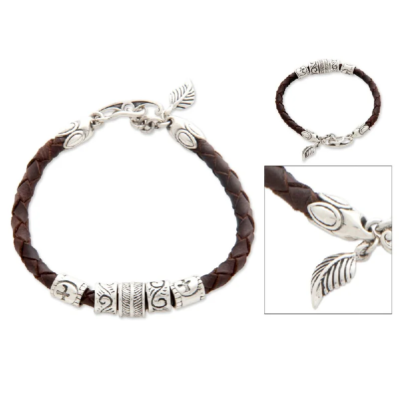 men’s gold bracelet -Handmade Sterling Silver 'Angel of Nature' Leather Bracelet (Indonesia)