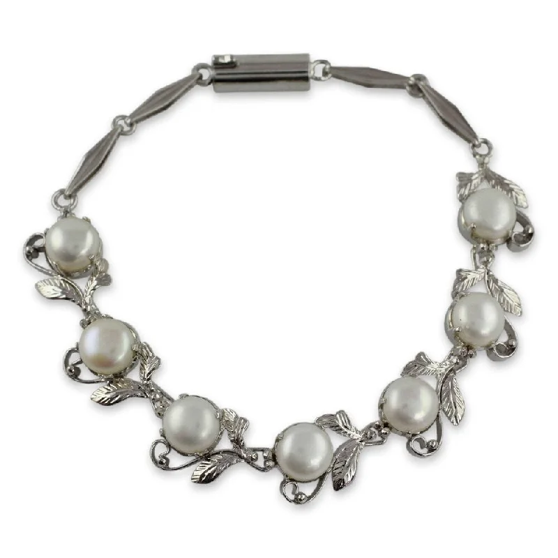 leather wrist bracelet for women -Handmade White Pearls Sterling Silver Bracelet (India)