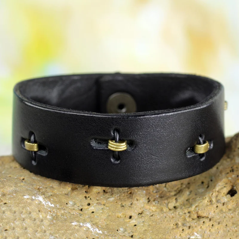 silver bracelet for layering -Hide & Seek Men's Black Leather Bracelet