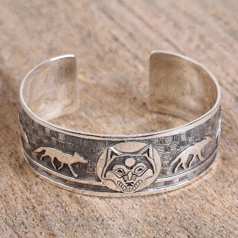 sleek titanium bracelet -Lunar Wolves Taxco Sterling Silver Wolf Cuff Bracelet from Mexico