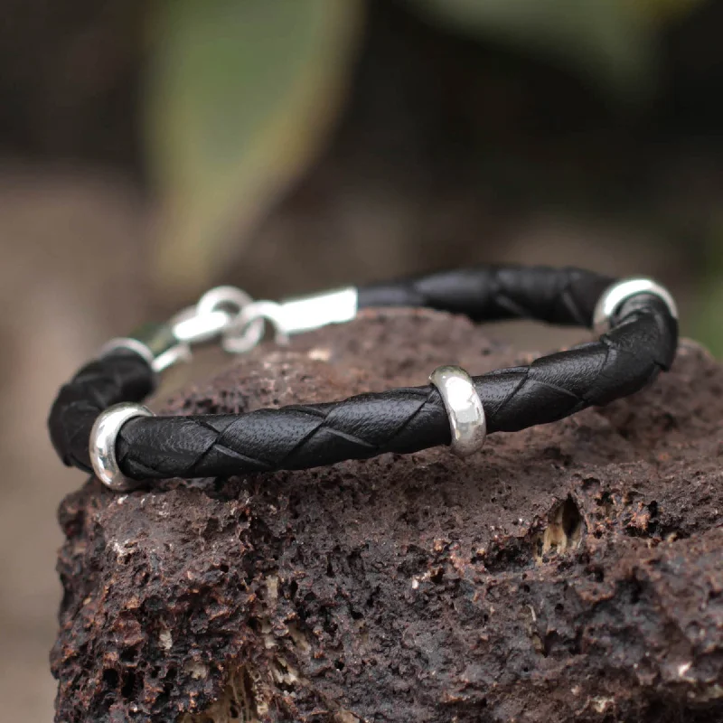 trendy adjustable bracelet -Men's Black Braided Leather Bracelet