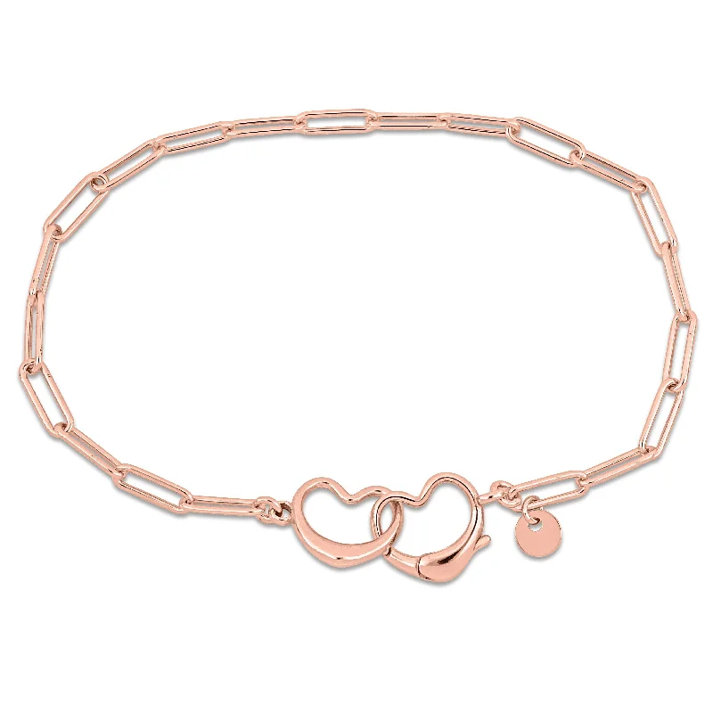 charm bracelet for girls -Miadora Paper Clip Link Bracelet with double heart clasp in Rose Sterling Silver