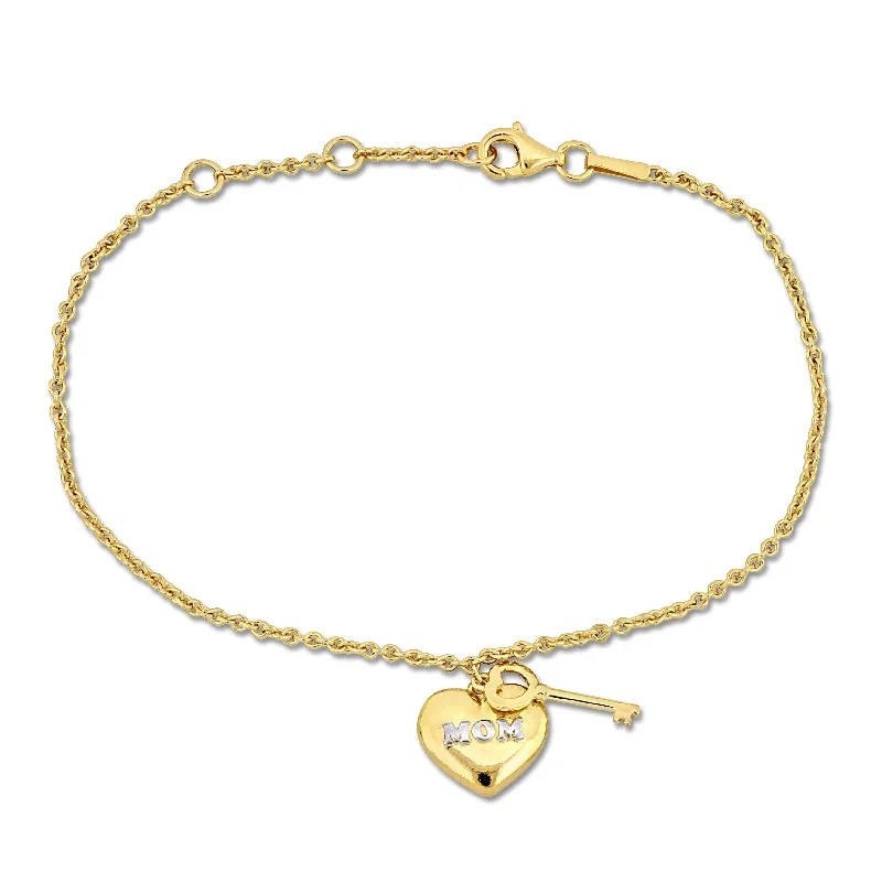 stacked silver bracelets -Miadora White "Mom" Heart & Key Charm Bracelet in 18k Yellow Sterling Silver