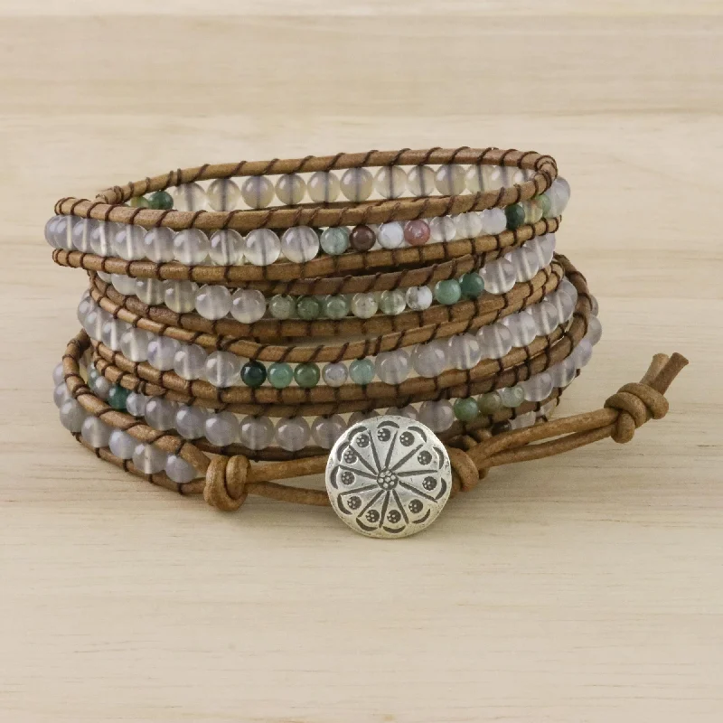 cuff bracelet with crystals -Mist in the Fields Leather Wrap Bracelet