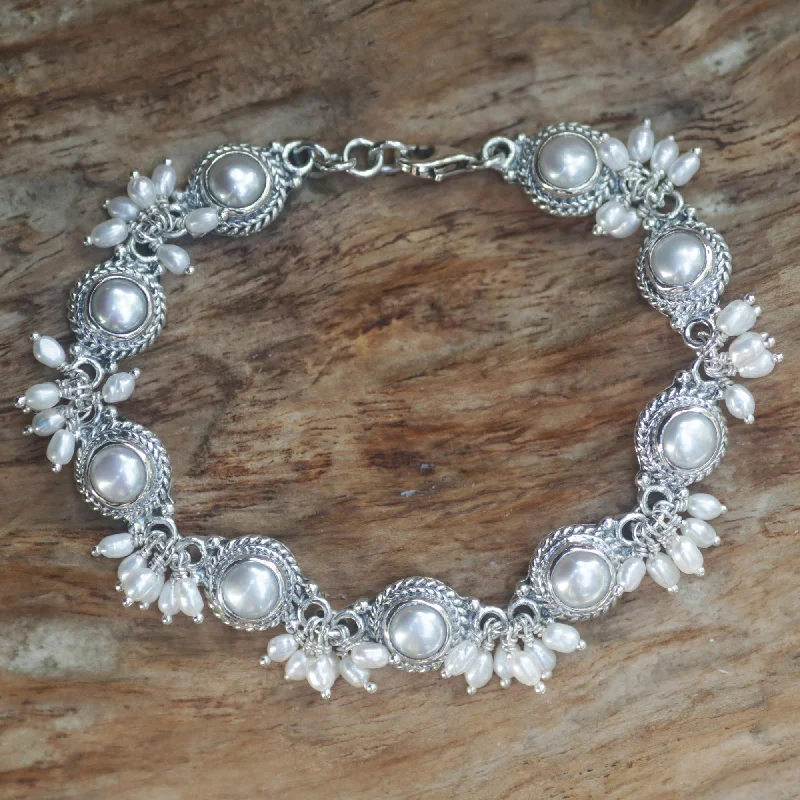 engraved friendship bracelet -Moons & Shooting Stars Pearl & Silver Bridal Bracelet