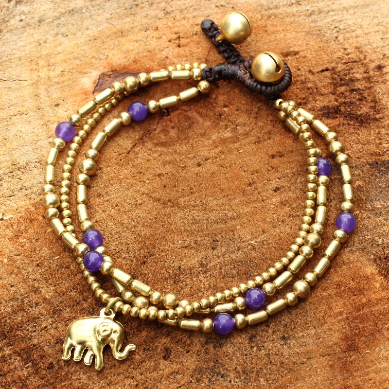 colorful beaded bracelet -Purple Elephant Charm Brass Bracelet Purple-color Gems Beaded Jewelry