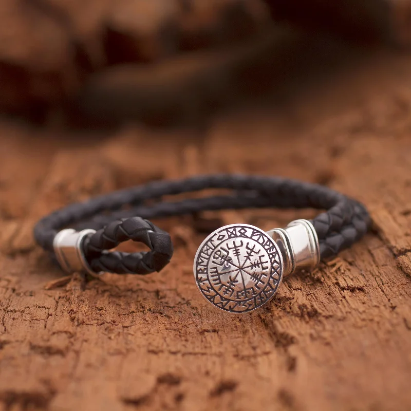 stacked silver bracelets -Runic Compass Men's Sterling Silver and Leather Bracelet from Bali