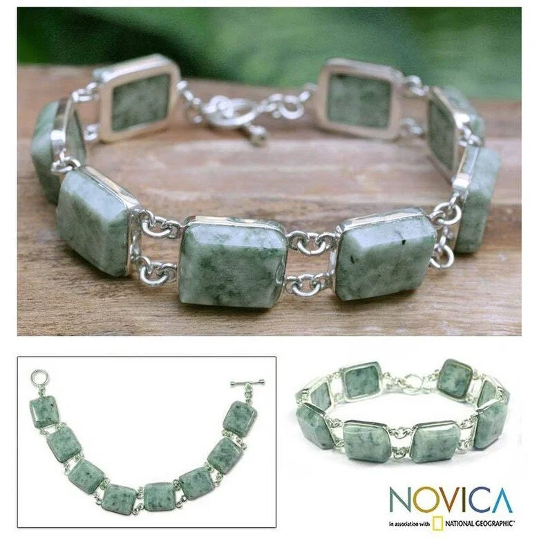 wedding bracelet for brides -Sterling Silver 'Maya Treasure' Jade Link Bracelet (Guatemala)