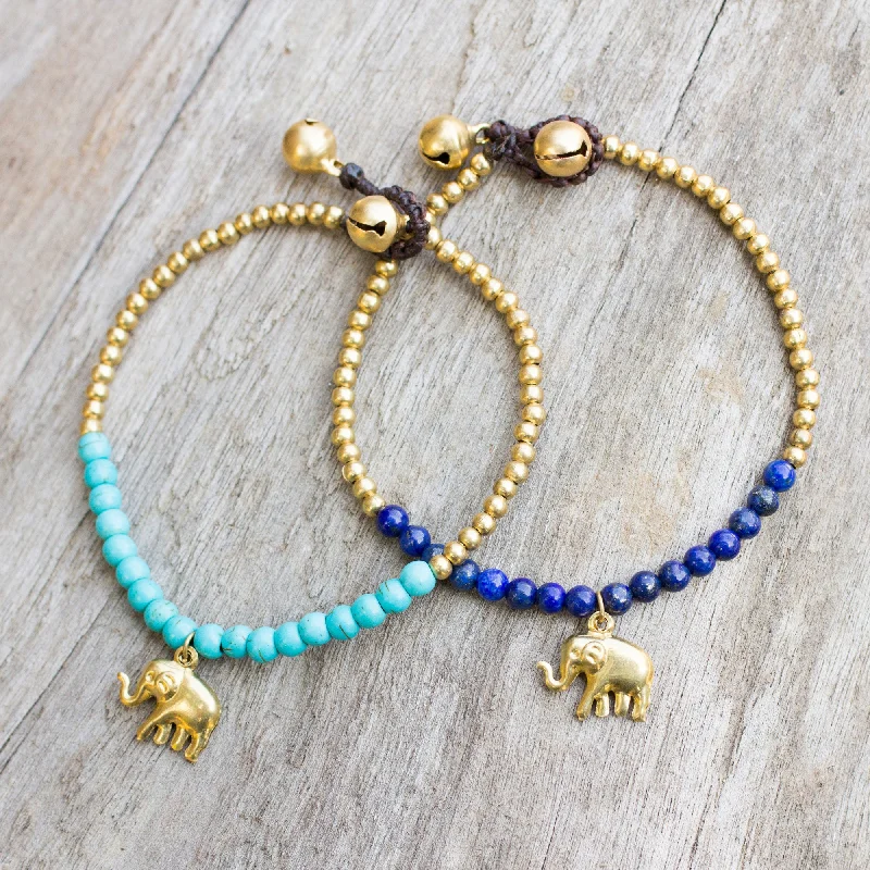 simple gold bracelet -Stylish Elephants Blue Calcite Brass Beaded Bracelet