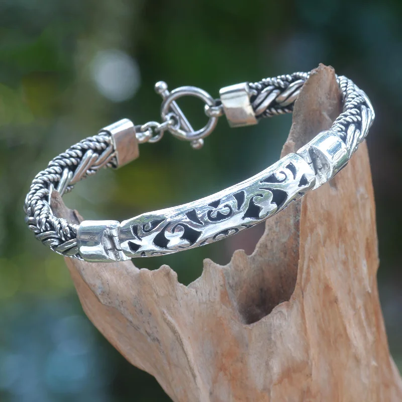 men’s leather braided bracelet -Telaga Waja River Silver Bracelet