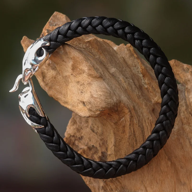 wedding bracelet for brides -Tribal Strength Silver Leather Men's Bracelet