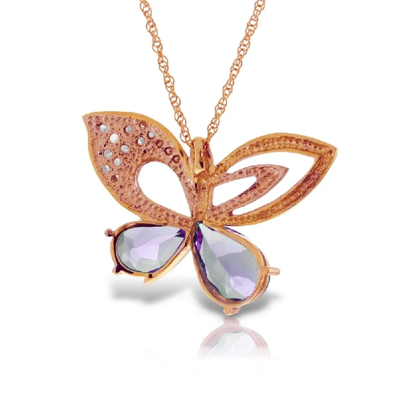 crystal healing necklace for women -14K Solid Rose Gold Batterfly Necklace with Natural Diamonds & Amethysts