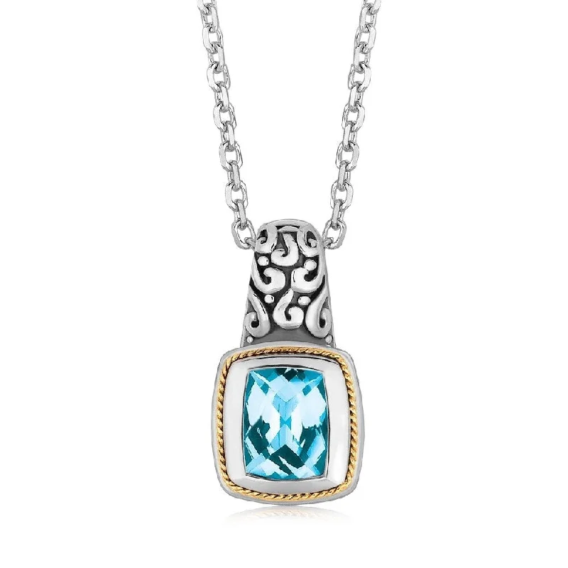 flower pendant necklace for women -18k Yellow Gold and Sterling Silver Necklace with Milgrained Blue Topaz Pendant