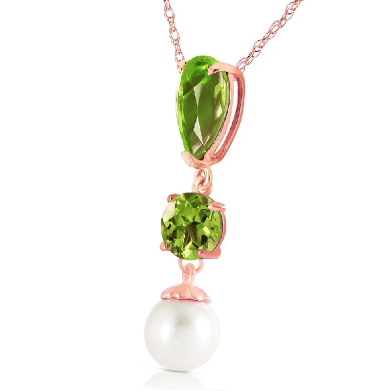 double layered necklace for women -5.25 Carat 14K Solid Rose Gold Necklace Peridot Pearl