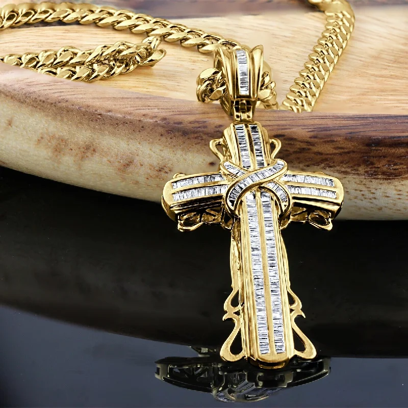 dainty cross necklace for women -Auriya Curb Chain 1 1/2cttw Baguette Diamond Cross Necklace 10k Yellow Gold