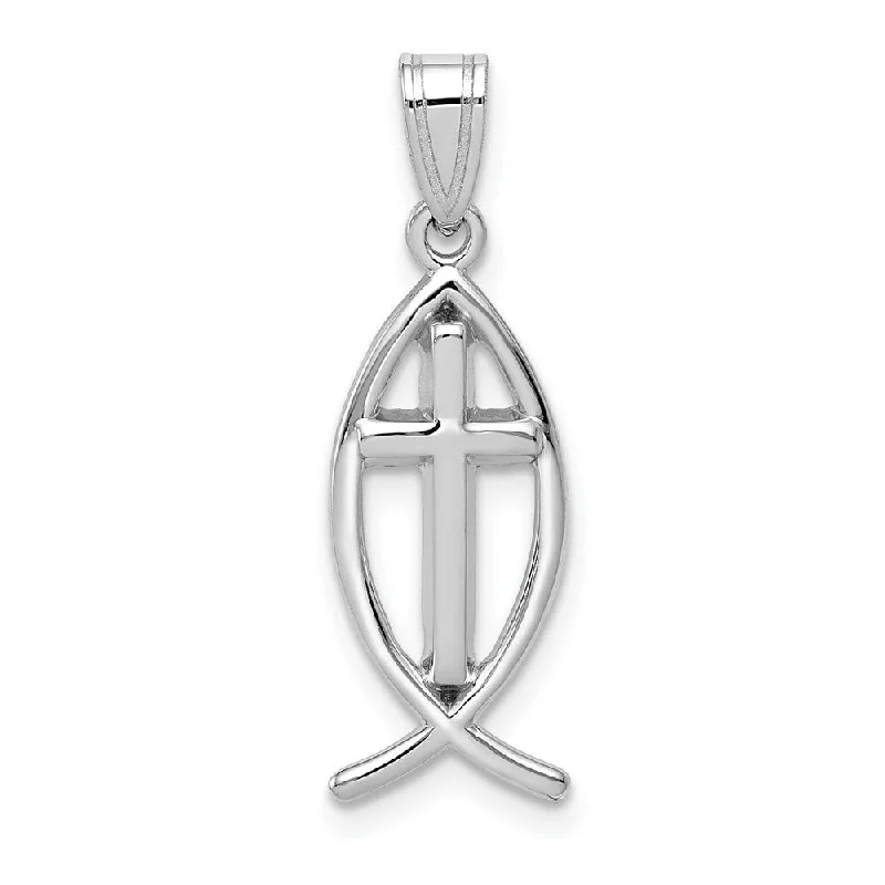 gold pendant necklace for women -Diamond2Deal 14K White Gold Cross Ichthus Fish Pendant (L- 26 mm, W- 9 mm)