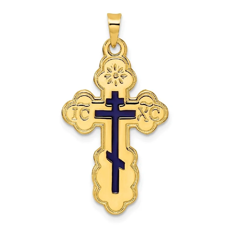 bohemian style necklace for women -Diamond2Deal 14K Yellow Gold Eastern Orthodox Blue Enamel Solid Cross Pendant (L-33.15mm, W-17.43mm)