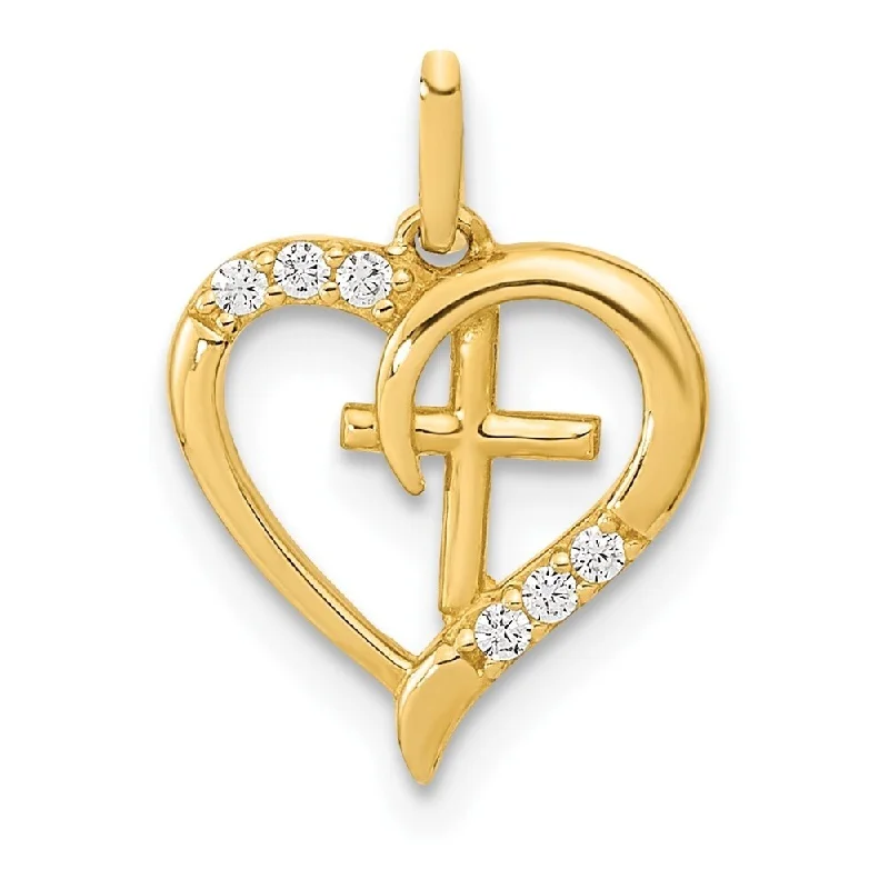 butterfly charm necklace for girls -Diamond2Deal 14K Yellow Gold Open Heart with Cross Cubic Zirconia Pendant (L-15.1mm, W-11.43mm)