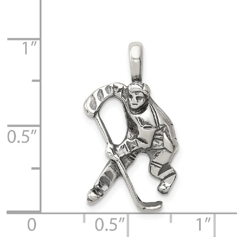 minimalist silver necklace for men -Diamond2Deal 925 Sterling Silver Antiqued Hockey Player Pendant (L- 25 mm, W- 15 mm)