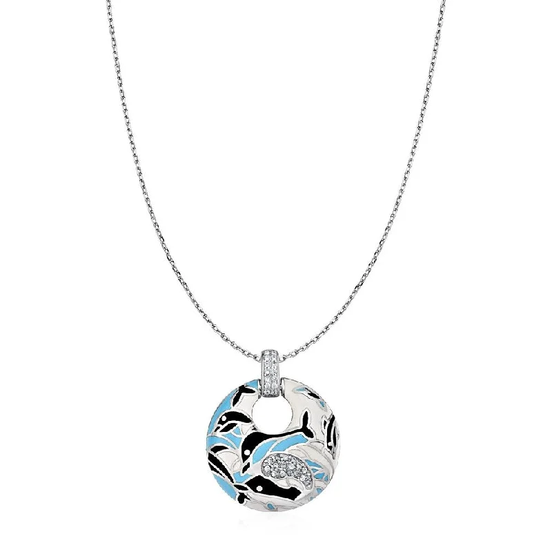 romantic couple necklaces for lovers -Dolphin Motif Pendant with Enamel and Cubic Zirconia in Sterling Silver