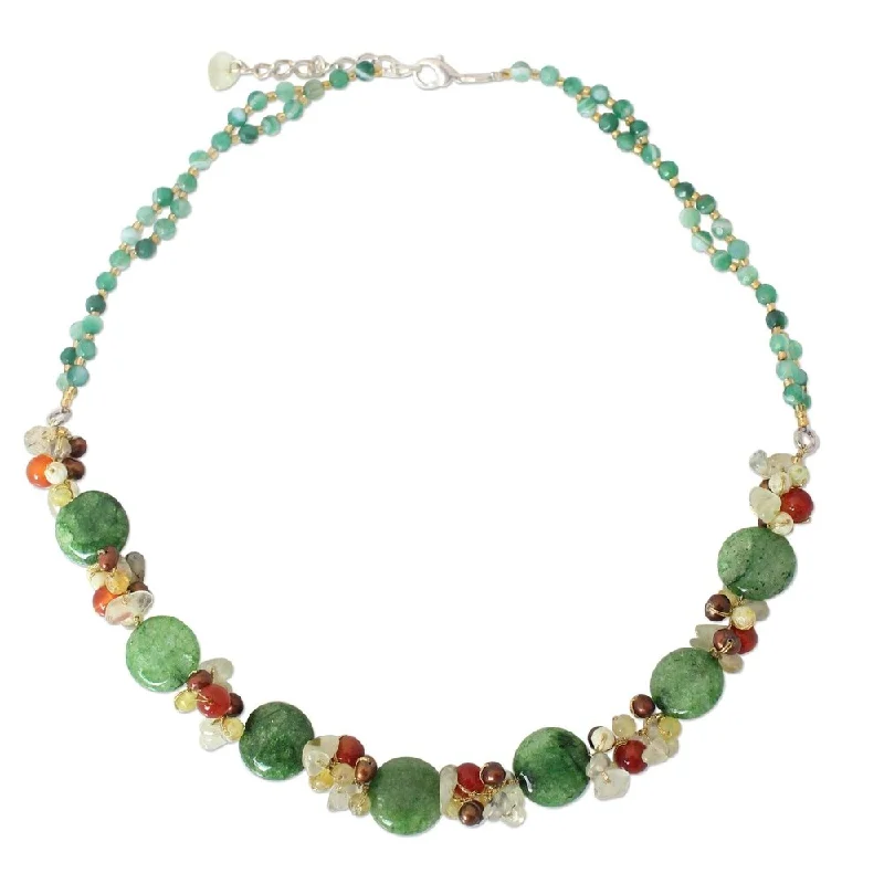 boho style necklace for women -Green Peonies Multicolor Gemstones and Freshwater Pearls Adjustable Lobster Claw Clasp Womens Fashion Beaded Necklace (Thailand)