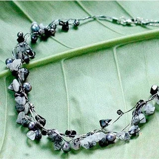 minimalist birthstone necklace -Handmade Cultured Pearl 'River of Night' Quartz Necklace (4 mm) (Thailand)