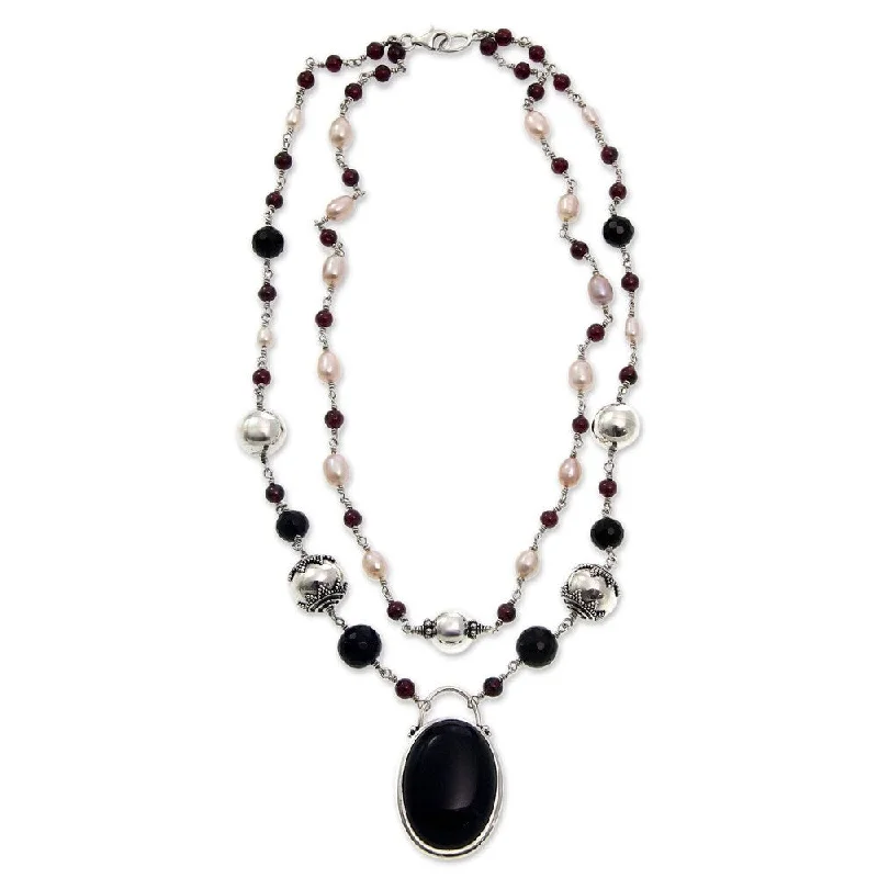 silver heart necklace for women -Handmade Duet Onyx and Pearl Necklace (Indonesia)