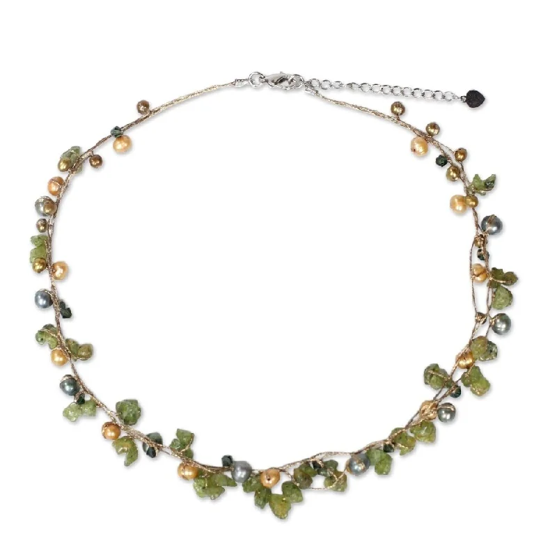 butterfly choker necklace for girls -Handmade Freshwater Pearl and Peridot Strand Necklace (Thailand) - Green