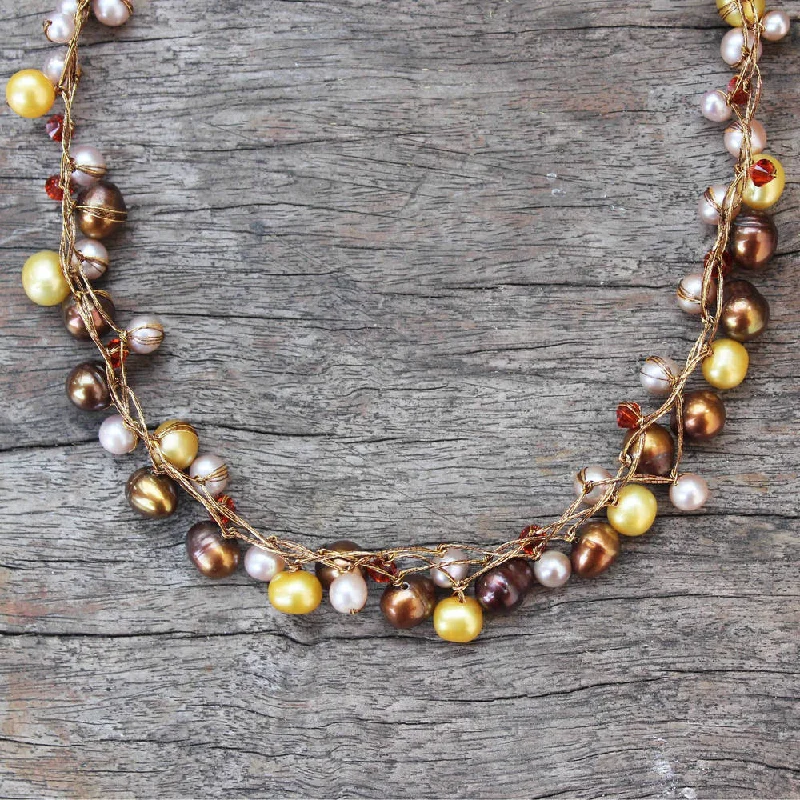 minimalist gold necklace for everyday wear -Handmade River Of Gold Freshwater Pearl Strand Necklace (Thailand) - Brown