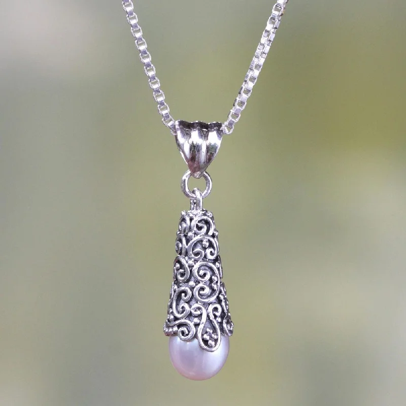 dainty pearl necklace for bridesmaids -Handmade Silver 'White Arabesque Dewdrop' Pearl Necklace (8mm) (Indonesia)