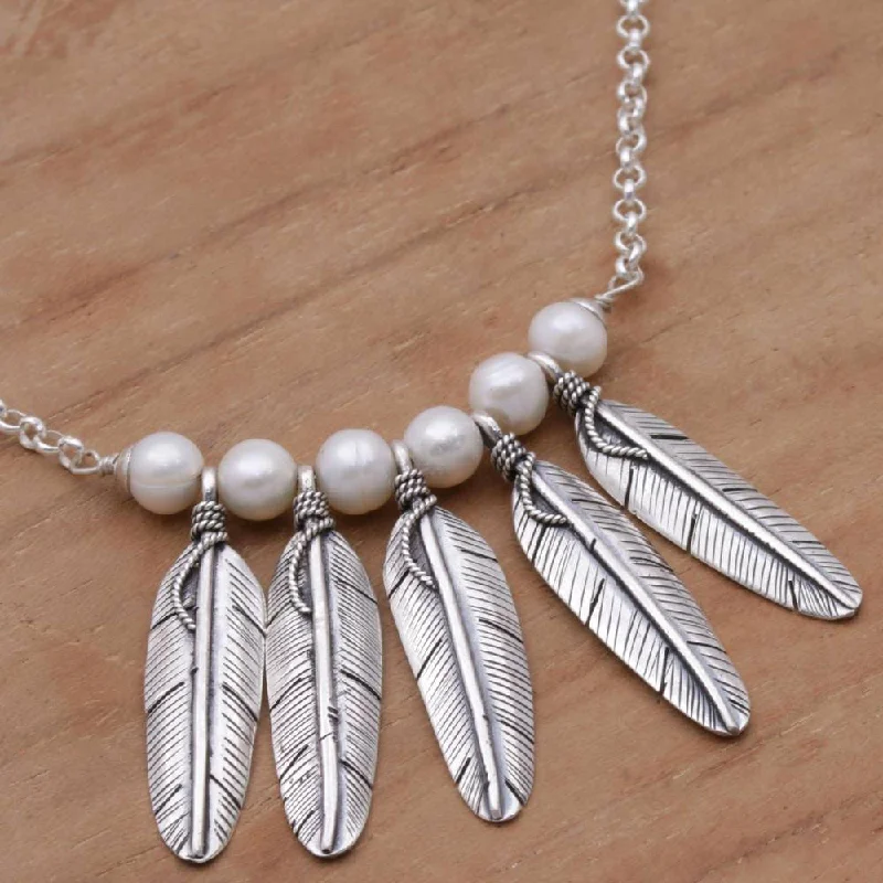 small pendant necklace for minimalist style -Handmade Sterling Silver 'Angel Feathers' Cultured Pearl Necklace (6 mm) (Indonesia)