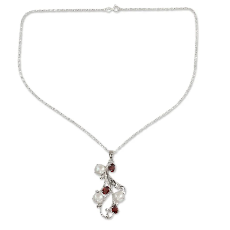 silver heart necklace for women -Handmade Sterling Silver Pearl Ruby Necklace (India)