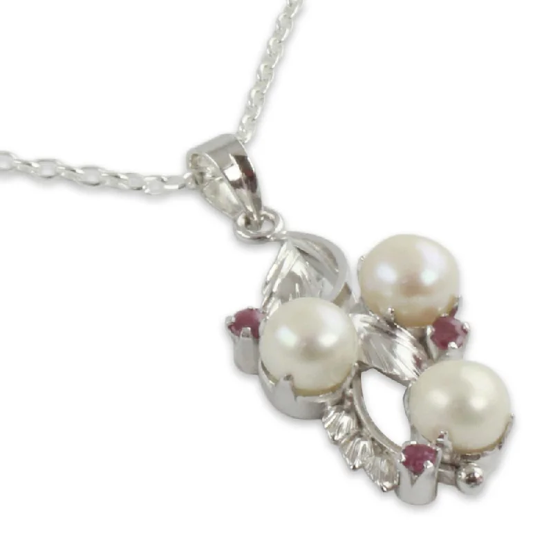 pearl necklace for brides -Handmade Sterling Silver 'Radiance' Pearl Ruby Necklace (7.5 mm) (India)