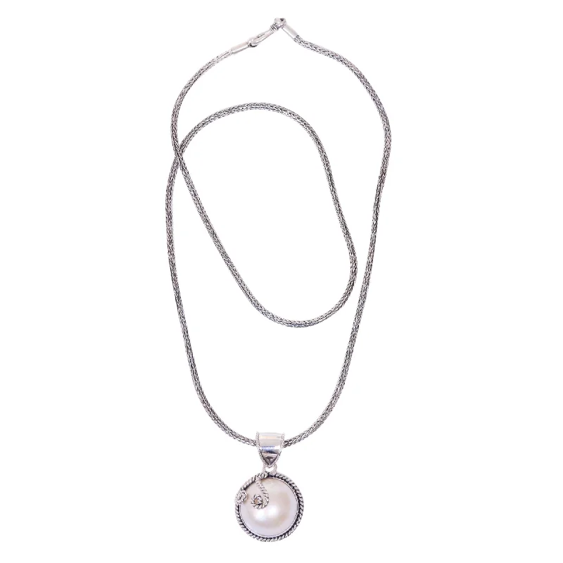 statement necklace for women -Handmade Sterling Silver 'Silver Full Moon' Cultured Pearl Necklace (Indonesia)