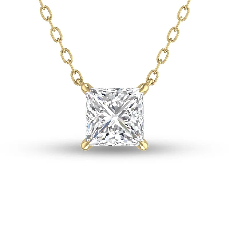 simple gold pendant necklace -Marquee Lab Grown 3/4 Carat Floating Princess Cut Diamond Solitaire Pendant in 14K Yellow Gold