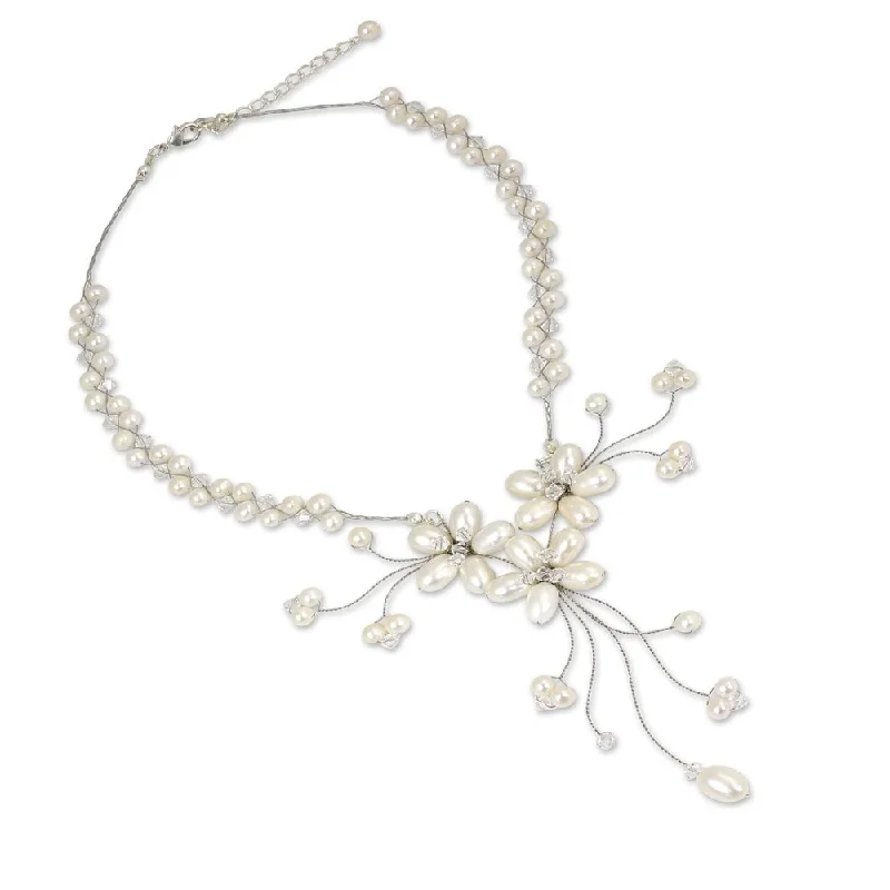 engraved birthstone necklace for moms -Pearl and Glass 'White Pearl Bouquet' Necklace (4-8 mm)