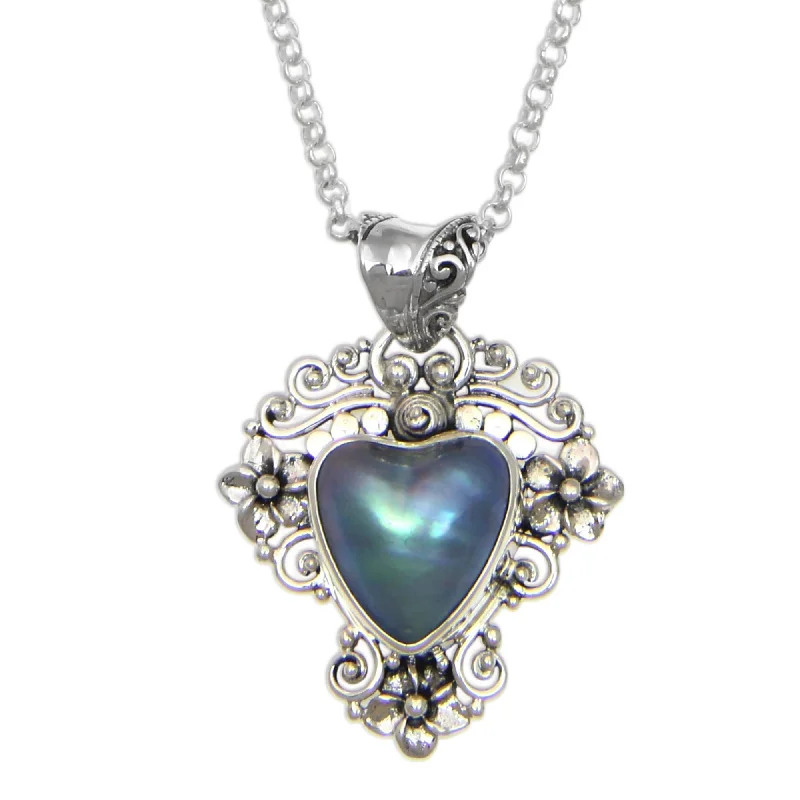 double heart necklace for couples -Silver 'Blue Heart in Bloom' 13mm Pearl Necklace (Indonesia)