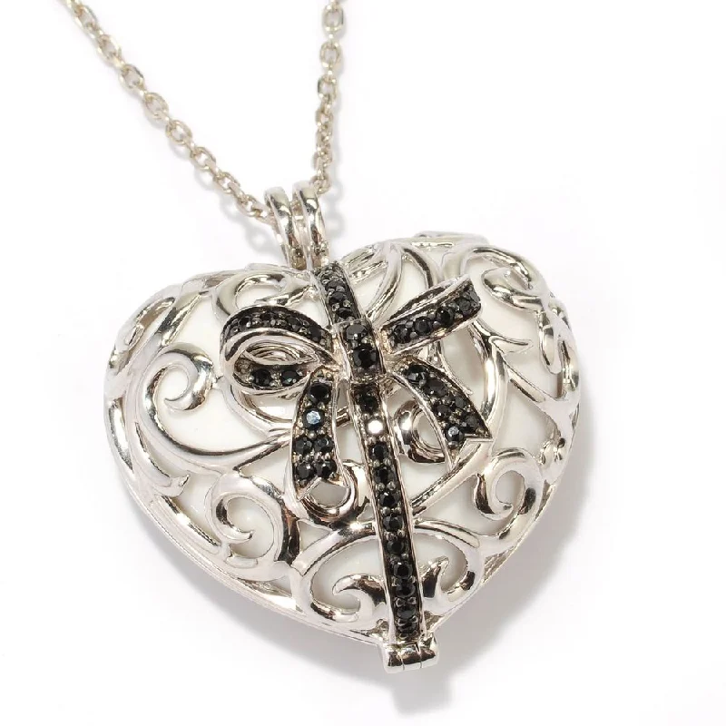 nameplate necklace for women -Sterling Silver 58 1/2ct White Agate Heart and Bow Locket Necklace