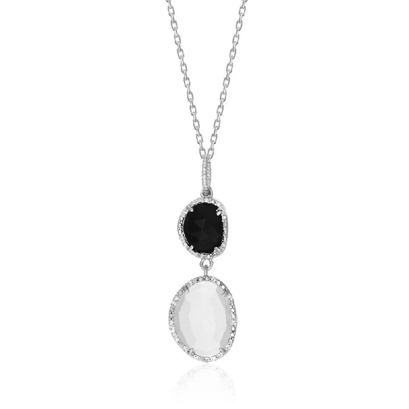 double heart necklace for couples -Sterling Silver Diamond Bordered Moonstone and Black Onyx Pendant