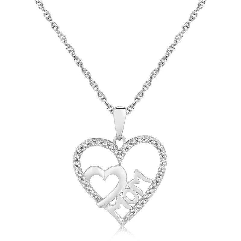 heart locket necklace for gifts -Sterling Silver MOM Dual Heart Diamond Studded Pendant (.09 cttw)