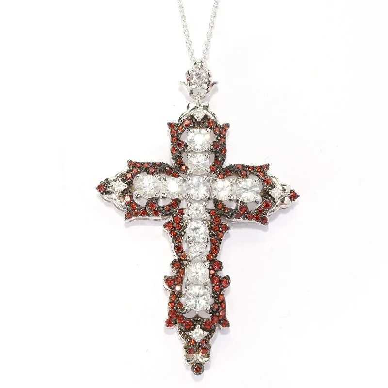 emerald pendant necklace for women -Sterling Silver Red Garnet and White Zircon Cross Necklace