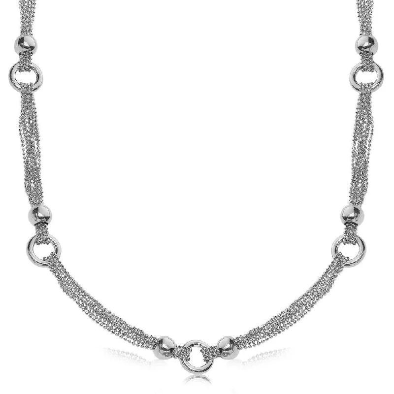 butterfly pendant necklace for girls -Sterling Silver Rhodium Plated Multi Strand Bead Chain Necklace with Ring Motifs