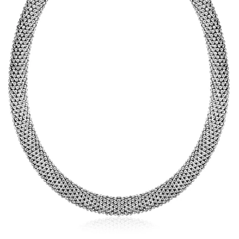 statement necklace for women -Sterling Silver Rhodium Plated Rounded Design Mesh Necklace