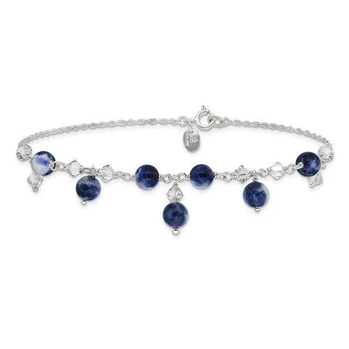 custom coordinate necklace for gifts -Sterling Silver Clear Crystal & Lapis Anklet Bracelet