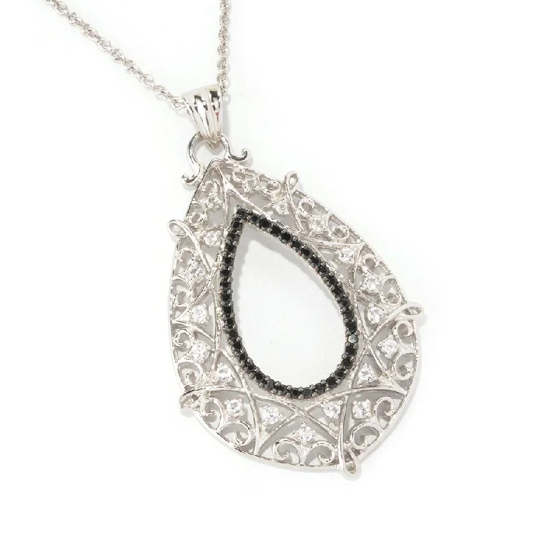 dainty pearl necklace for bridesmaids -Sterling Silver White Topaz and Black Spinel Hollow Teardrop Necklace