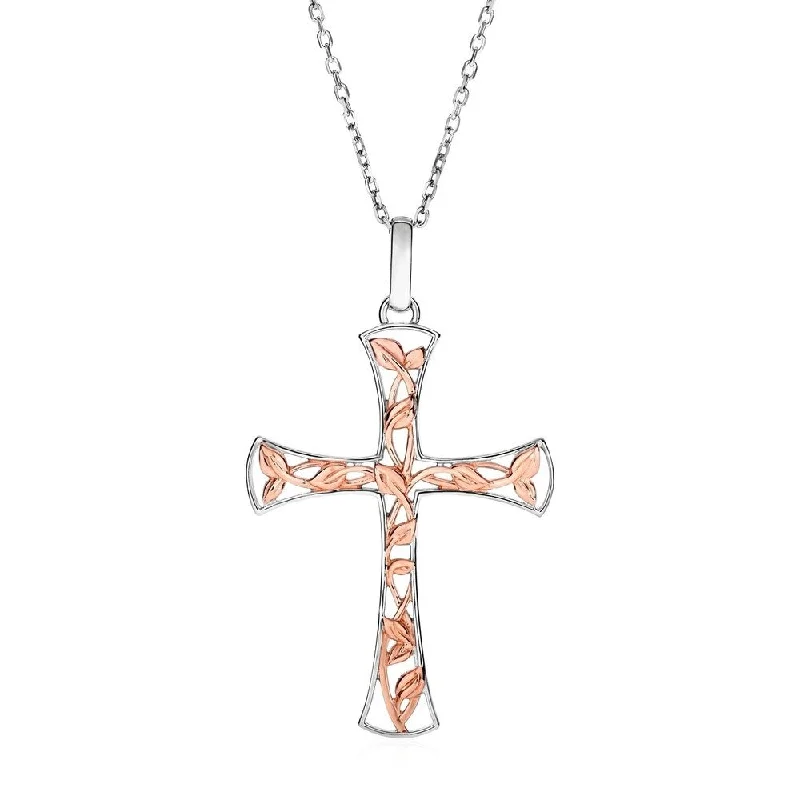 personalized name necklace for women -Two Toned Open Cross with Vine Motifs in Sterling Silver